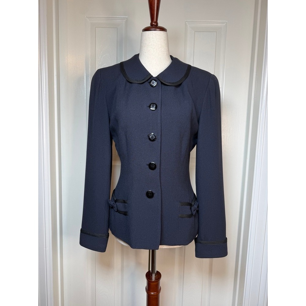 Vintage Zelda Navy Blue Blazer‎ Peter Pan Collar Bow Detail Jacket 80s 90s S/M